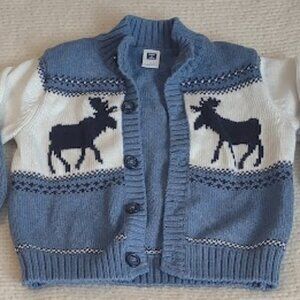 JANIE AND JACK BLUE AND WHITE BUTTON FRONT CARDIGAN MOOSE MOTIF COTTON 18-24MO